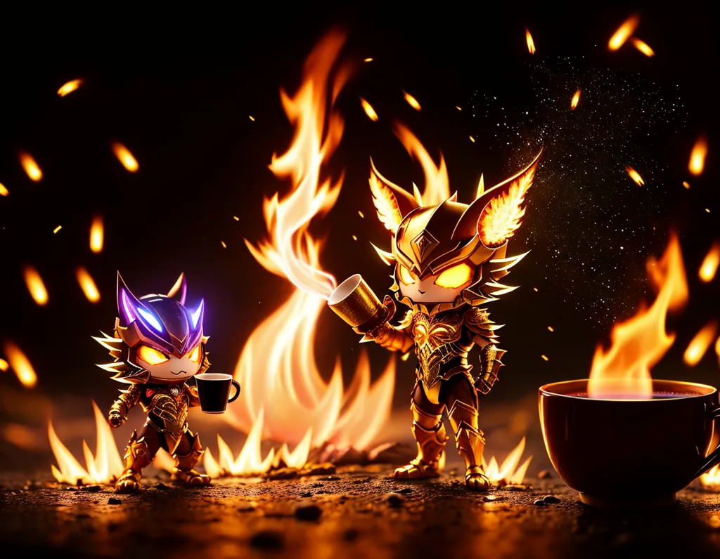 There are two creatures in the picture. They are both small and have cat-like features. The one on the left is black and purple, and the one on the right is gold and brown. They are both wearing armor and holding cups. There is a fire in the background, and they are standing in front of it. The ground is covered in embers.