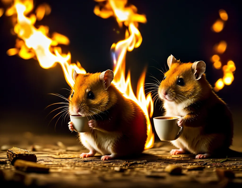 The image shows two hamsters sitting on a wooden table against a dark background. The hamsters are both holding white tea cups with their front paws. The hamster on the left has a curious expression on its face, while the hamster on the right looks directly at the viewer. Both hamsters have flames coming out of their hindquarters, but they do not seem to be bothered by it.