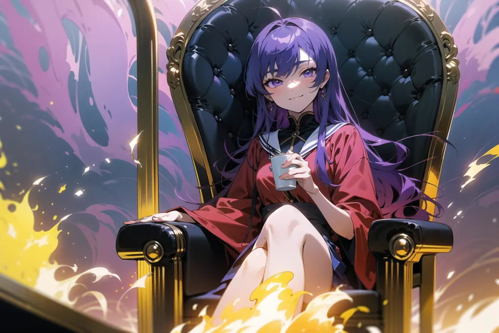 The image is of an anime-style girl with purple hair and purple eyes. She is sitting in a throne with a red and gold color scheme. She is wearing a white blouse, a red skirt, and a black jacket. She is holding a teacup in her right hand. There is a lot of purple and yellow fire-like energy surrounding her.