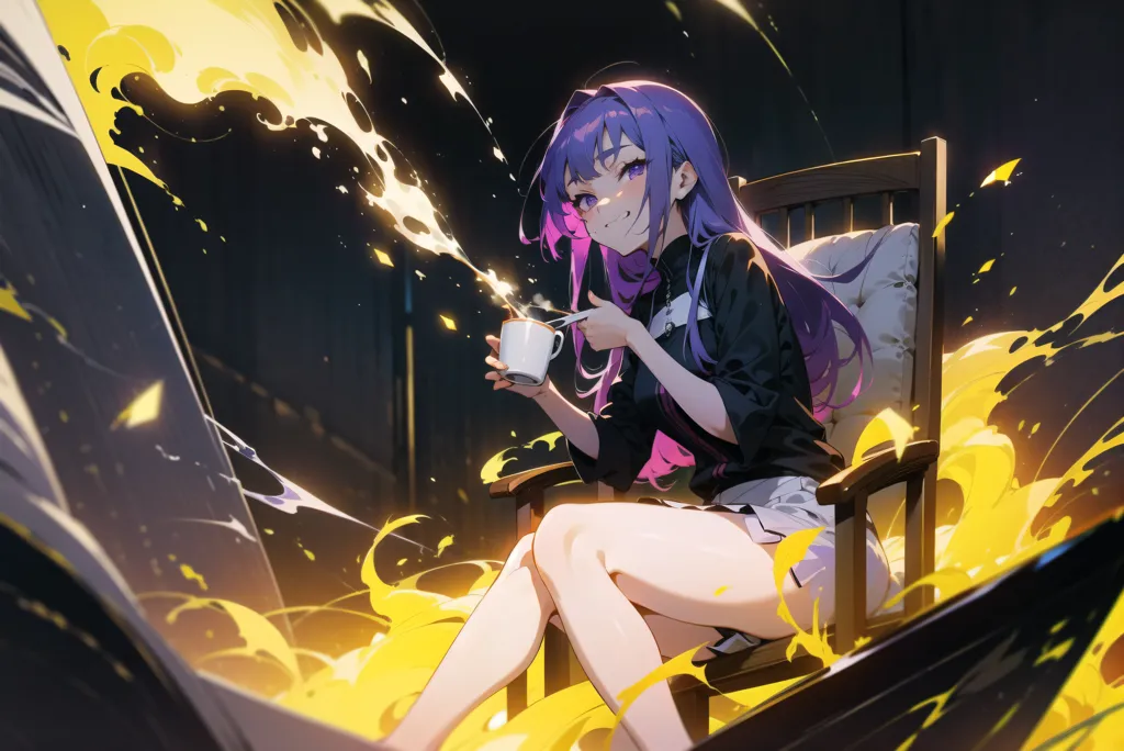 The image is a painting of a beautiful anime girl with long purple hair and purple eyes. She is sitting in a chair and drinking from a teacup. She is wearing a black shirt and a white skirt. The background is a dark color with yellow splashes.