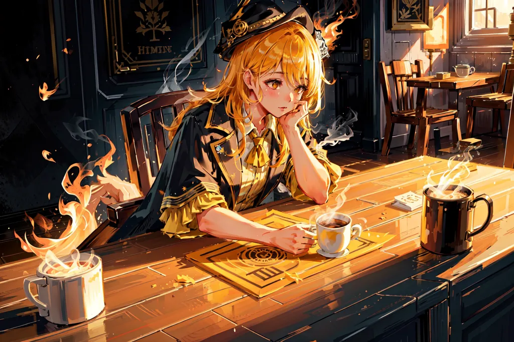 A girl with long blond hair is sitting at a bar counter. She is wearing a black and gold uniform with a white cravat. She has a thoughtful expression on her face and is holding a cup of coffee in her right hand. There is a saucer on the counter to the right of the cup. There is a wooden chair to her right and a door behind her.