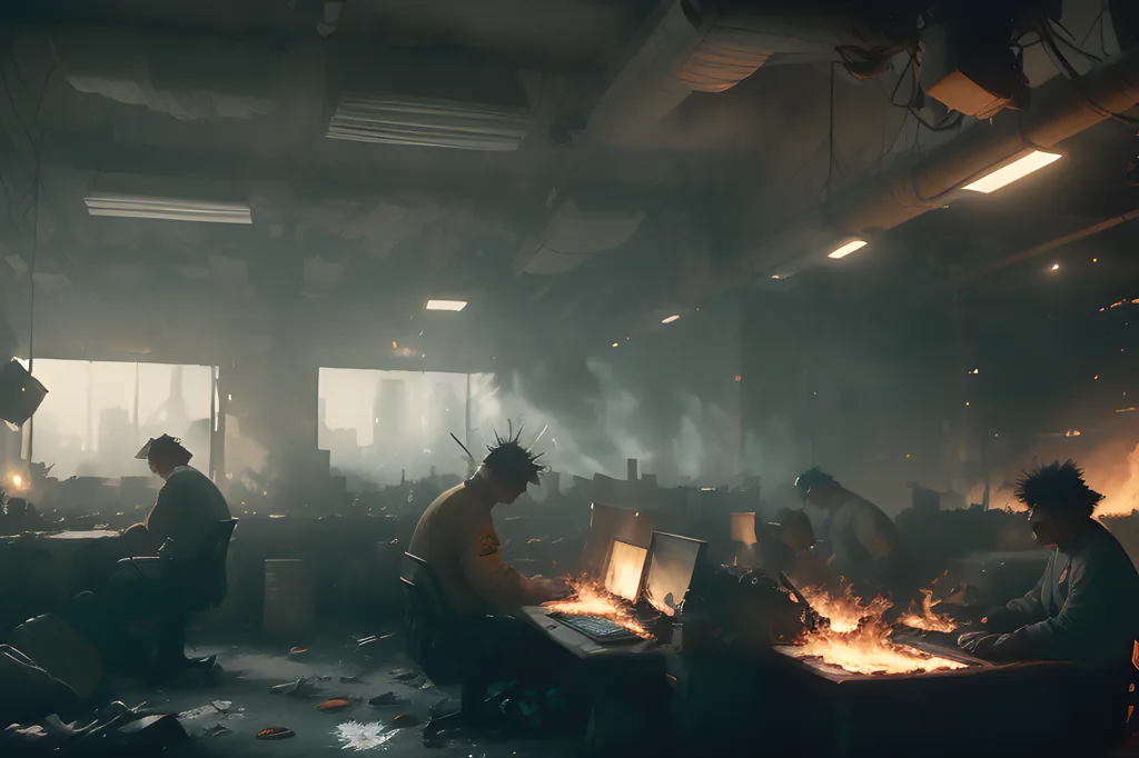 L'image montre un groupe de personnes travaillant dans un bureau sombre et détruit. Il y a un feu qui brûle au premier plan, et les gens portent tous des masques à gaz. La pièce est remplie de fumée et de débris, et les gens ont l'air épuisés et stressés. On dirait l'après-coup d'une catastrophe.