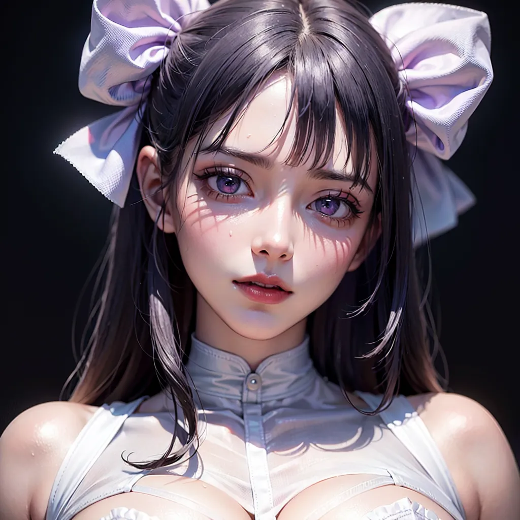 The image is a digital painting of a young woman with long, dark hair and purple eyes. She is wearing a white dress with a sweetheart neckline and a large, white bow in her hair. The woman's expression is soft and demure, and she seems to be looking at the viewer with affection. The painting is done in a realistic style, and the artist has paid close attention to detail. The woman's skin is smooth and flawless, and her hair is soft and shiny. The colors in the painting are vibrant and lifelike, and the overall effect is one of beauty and serenity.