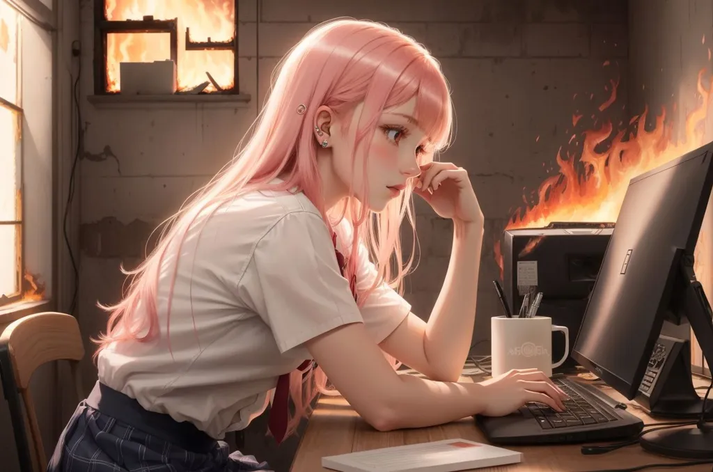 A girl with pink hair is sitting at a desk in front of a computer. She has her hand on her chin and is looking at the screen. There is a fire burning in the background. She is wearing a white shirt and a gray skirt. Her expression is one of determination.