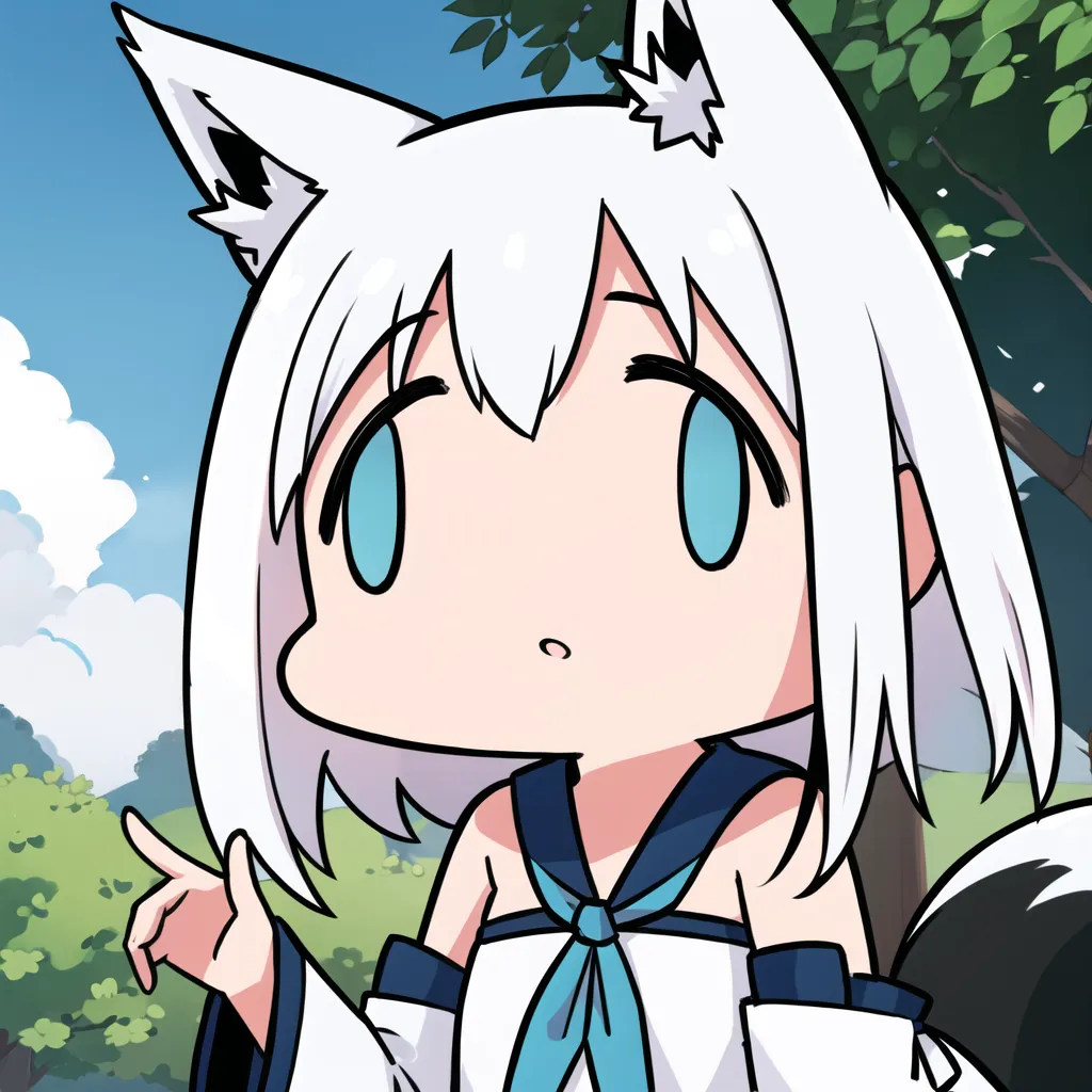 This is an image of a chibi version of Fubuki from the Hololive virtual YouTuber group. She is depicted with her signature white hair and blue eyes, wearing a blue and white sailor-style outfit. She has a curious expression on her face and is pointing to the left. The background is a green field with trees and a blue sky.