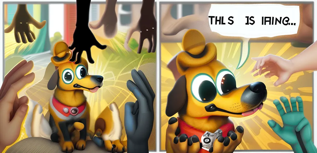 The image shows a cartoon dog with big eyes and a red collar. The dog is sitting on a white surface, and there are several hands reaching out to pet it. The dog has a worried look on its face, and it appears to be anxious or scared. In the second panel, the dog is smiling with its tongue out and there is a speech bubble next to it that says \