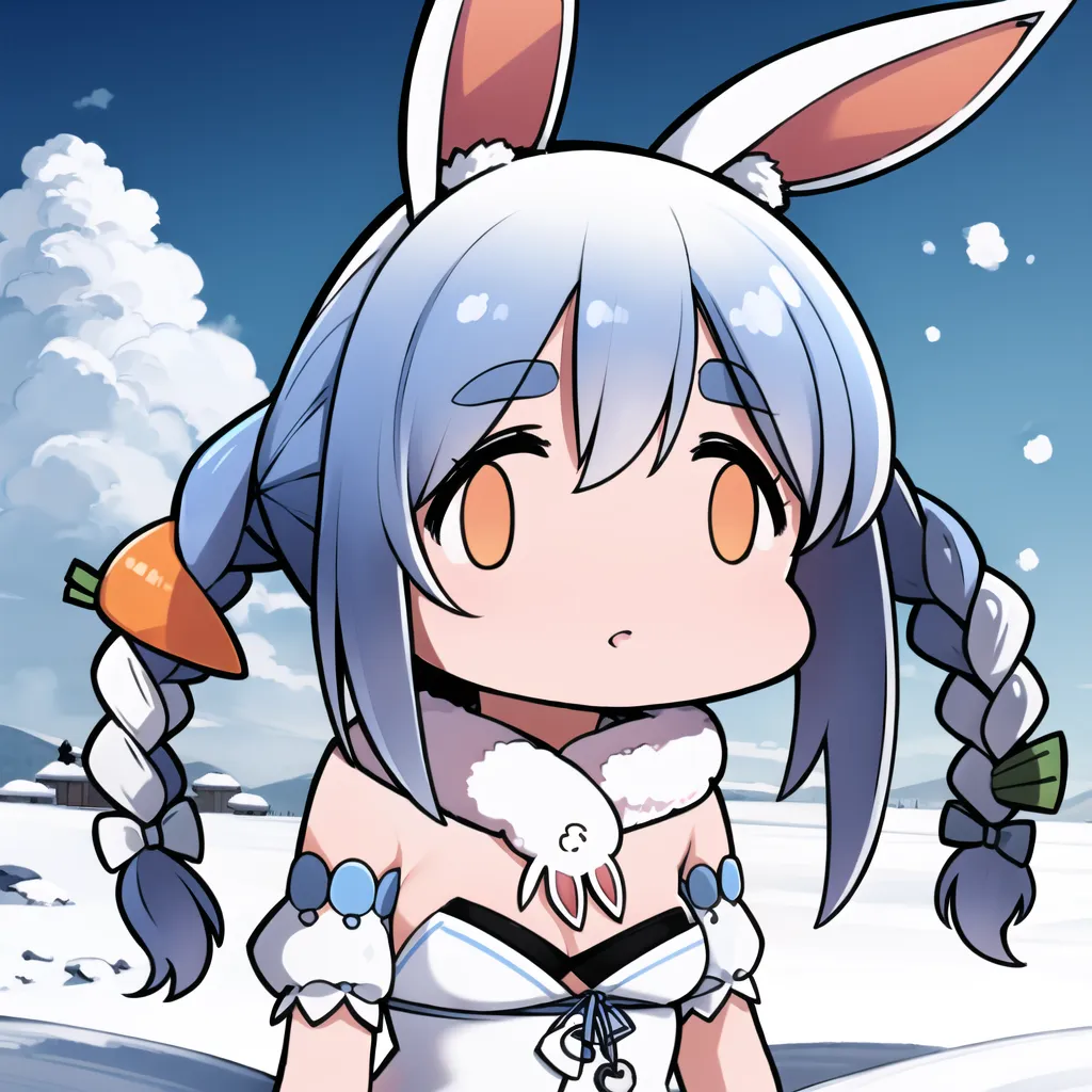 The image is of a young girl with rabbit ears and blue hair. She is wearing a white dress with a blue sash and has a carrot in her hair. She is standing in a snowy landscape and looking at the viewer with a surprised expression on her face. The image is drawn in a chibi style, which is characterized by its simplified forms and large heads.