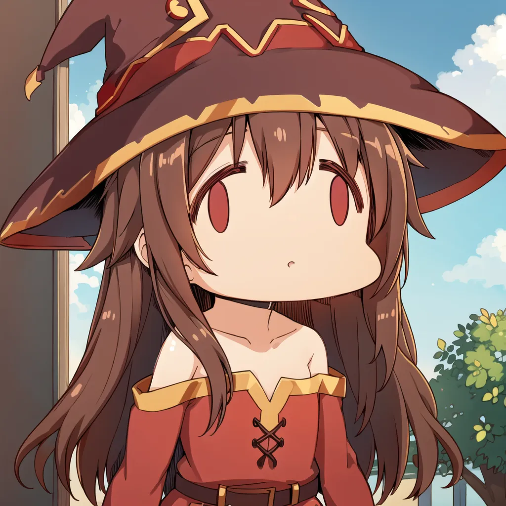 L'image représente une version chibi de Megumin de la série animée KonoSuba. Elle porte son chapeau de sorcière rouge et brun iconique et une robe rouge avec un col blanc. Elle a son expression signature sur le visage, qui est un mélange de confusion et de détermination. Elle se tient devant un ciel bleu avec quelques nuages en arrière-plan.