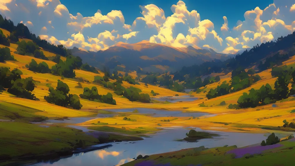 This is a landscape image. There is a winding river running through a valley. The river is blue and green, and the valley is green and yellow. There are trees and shrubs on the banks of the river. There is a mountain in the background, and the sky is blue and white.