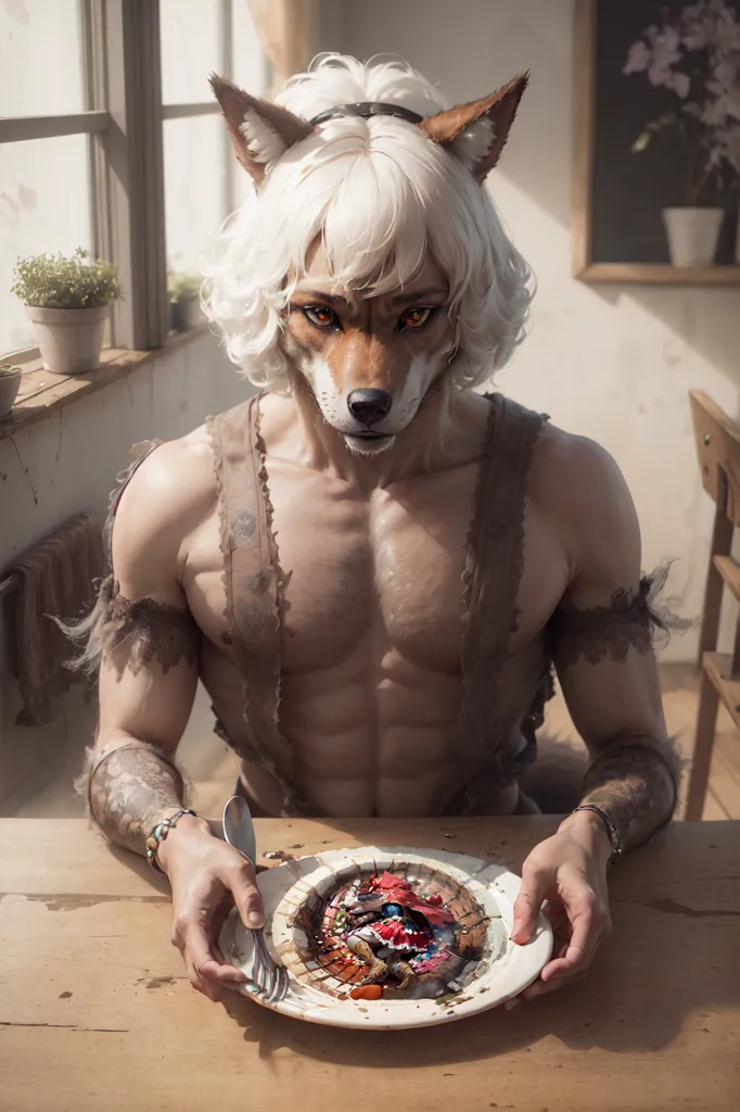 La imagen es de un hombre musculoso con orejas de lobo y cabello blanco sentado en una mesa y comiendo un postre. Lleva una camisa andrajosa y tiene tatuajes en los brazos. El hombre tiene una expresión seria en el rostro. El fondo de la imagen es una ventana y una planta.