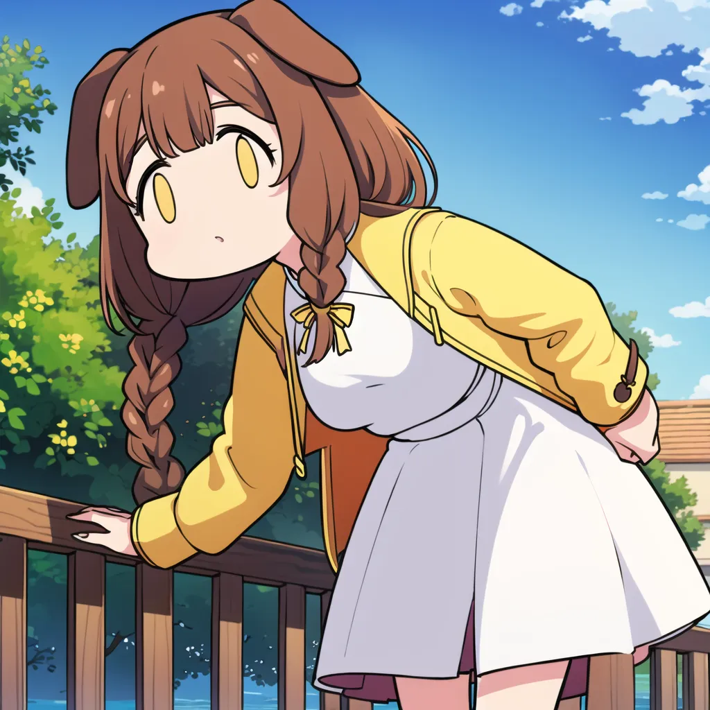 This is an image of an anime girl with brown hair and yellow eyes. She is wearing a yellow jacket, a white dress, and a brown bow in her hair. She also has dog ears and a tail. She is standing on a wooden railing and looking down at something with a curious expression on her face. There are some trees and houses in the background.