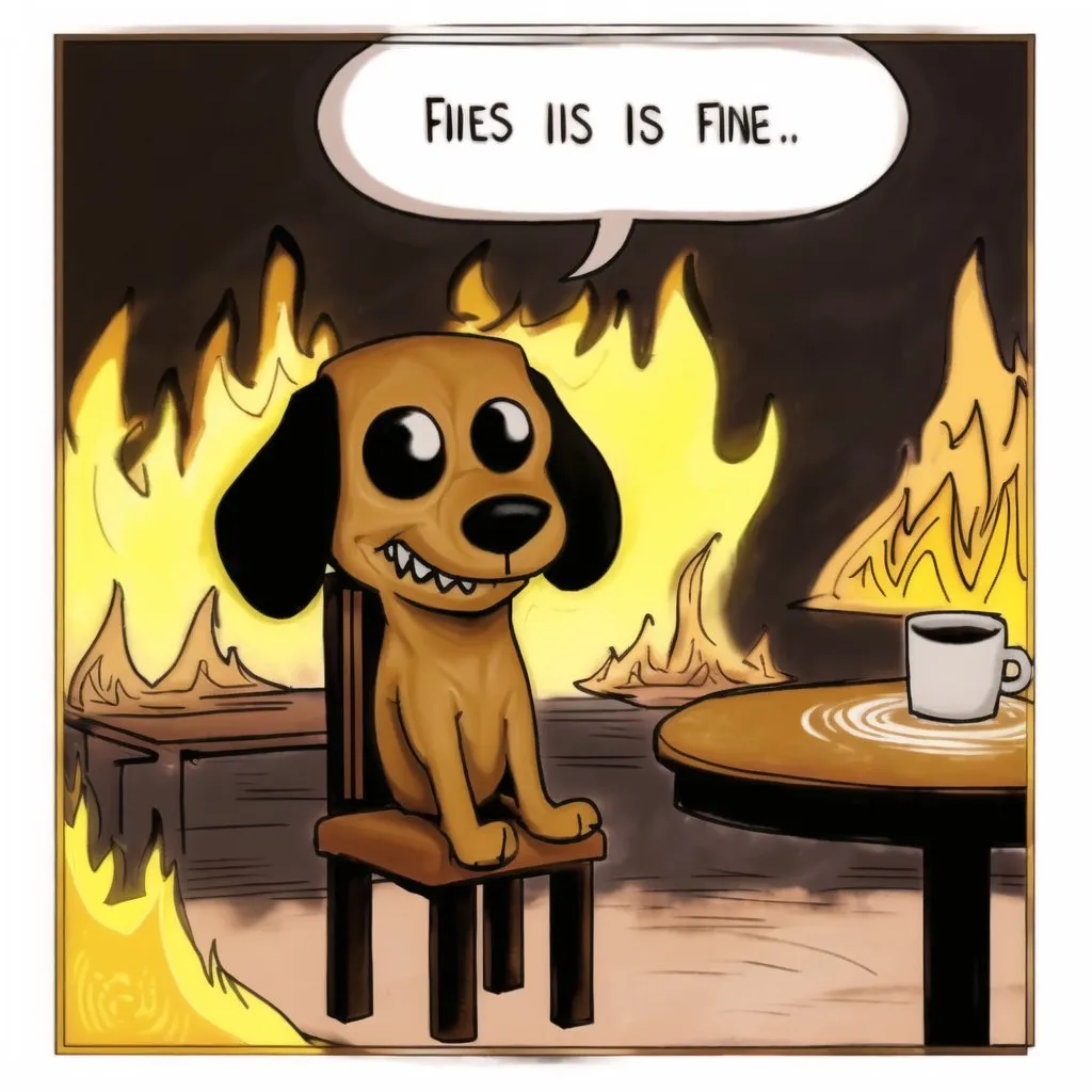 L'image est une caricature d'un chien assis dans une pièce en feu. Le chien a une expression satisfaite et a une tasse de café sur la table à côté de lui. Le feu l'entoure, mais il ne semble pas inquiet. Le texte en haut de l'image dit "C'est bien".

L'image est un mème Internet populaire et a été utilisée pour exprimer une variété d'émotions, notamment la résignation, l'acceptation et même l'humour. L'image est souvent utilisée en réponse à de mauvaises nouvelles ou pour exprimer le sentiment d'être submergé.