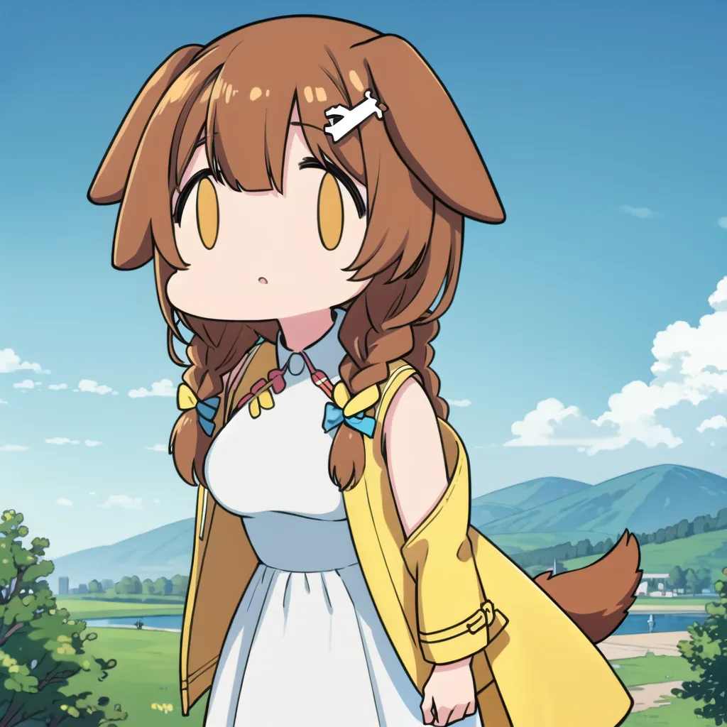 The image is of a young girl with brown hair and eyes. She is wearing a white dress with a yellow jacket. She has a dog tail and ears. She is standing in a field of grass with a river and mountain in the background.