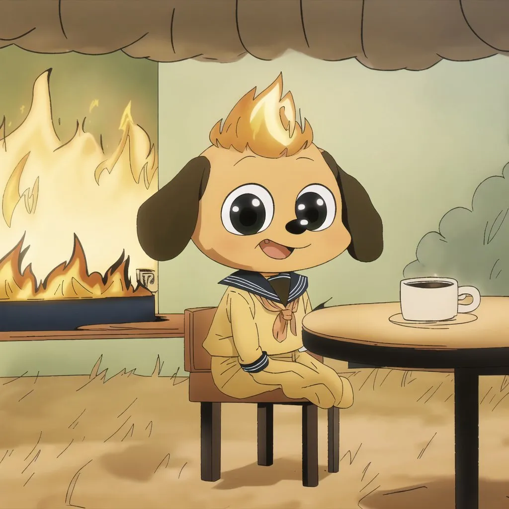 The image shows a cartoon dog sitting on a chair in front of a fireplace. The dog has yellow fur, a white belly, and a black nose. It is wearing a white and blue sailor服. The dog is sitting on a wooden chair with its paws on the table. On the table is a cup of coffee. The dog has a happy expression on its face. The background of the image is a wall with a fireplace. The fireplace is lit and there are flames coming out of it. The wall is brick and there is a wooden mantel above the fireplace. On the mantel is a cloc