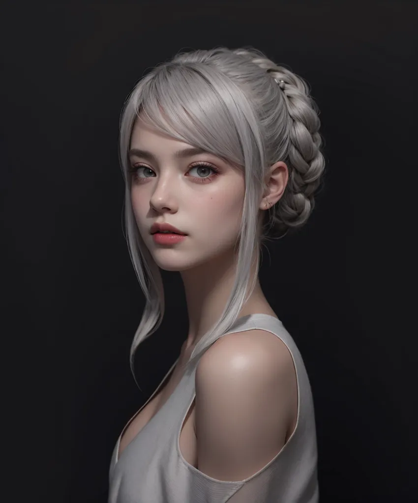 The image is a portrait of a young woman with long silver hair. She is wearing a white dress with an off-the-shoulder neckline. Her hair is styled in a loose braid that falls over her right shoulder. She has light makeup on and her lips are a soft pink color. Her eyes are a light blue color and she has long, dark eyelashes. She is looking at the viewer with a slightly melancholic expression. The background is a dark grey color.