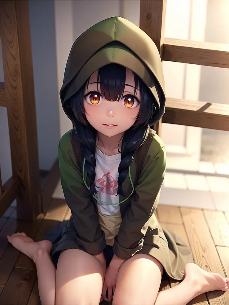 The image is a painting of a young girl with long black hair and yellow eyes. She is wearing a green hoodie and a white shirt. She is sitting on the floor with her knees drawn up to her chest and her feet flat on the ground. Her hands are resting on her knees. She has a shy smile on her face. The background is a wooden wall with a railing.