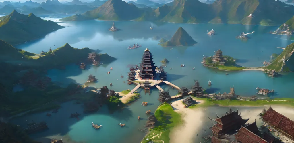 La imagen muestra una ciudad oriental construida sobre un lago. La ciudad está rodeada de montañas y hay muchas islas en el lago. Los edificios de la ciudad están hechos principalmente de madera y tienen un estilo tradicional chino. Hay muchos barcos en el lago y la gente camina por las calles. La ciudad es muy animada y próspera.