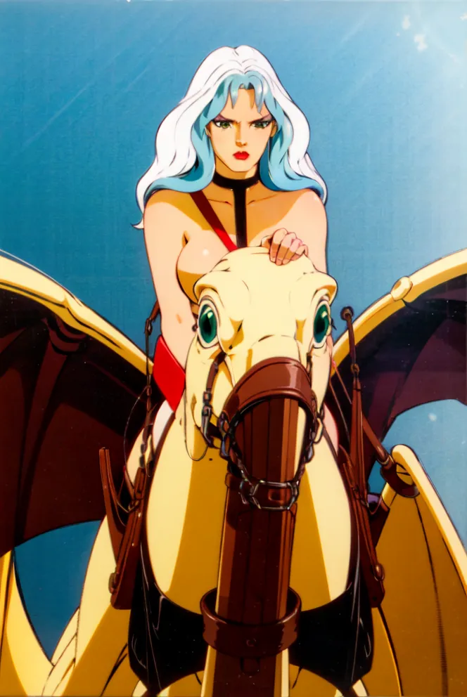 A woman with long white hair and blue eyes is riding a horse-like creature with wings. The woman is wearing a red bikini top and a brown skirt. She has a determined expression on her face. The horse-like creature is yellow with green eyes. It has a saddle and reins. The background is a blue sky.