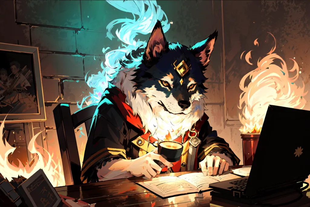 The image is of a wolf wearing a wizard's hat and robes, sitting at a desk and writing in a book. The wolf is surrounded by books and scrolls, and there is a laptop on the desk. The wolf has a quill in its paw and is looking at the paper with a thoughtful expression. The background is a stone wall with a fireplace, and there is a window to the left of the desk.