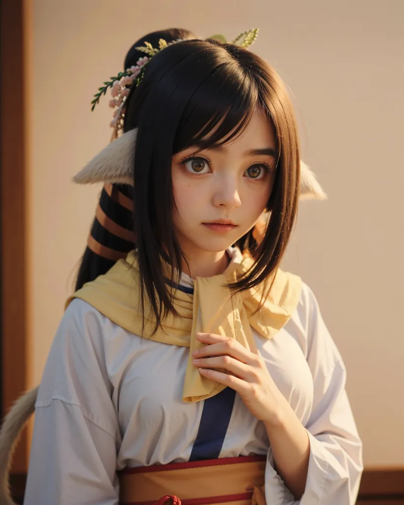 The picture shows a beautiful young woman with long brown hair and cat ears. She is wearing a white shirt and a yellow scarf. There are some flowers in her hair. She is looking at the camera with a serious expression.