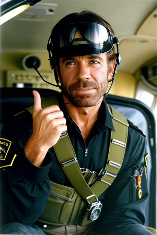 The image shows a man in a black jacket and green vest giving a thumbs up. He is wearing a helmet with goggles and has a headset on. He is sitting in a helicopter and there is a window behind him. The man has a beard and his hair is dark. He looks like he is in his 40s or 50s.