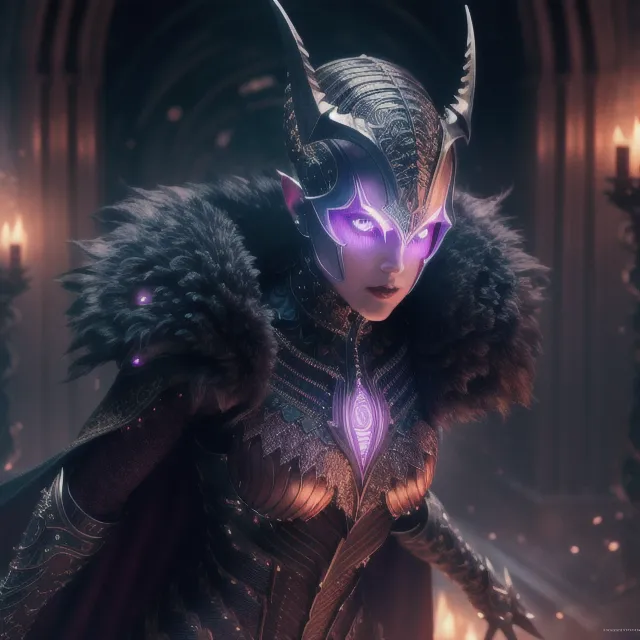 This is an image of a female drow, or dark elf, in full battle armor. She is wearing a horned helmet, a breastplate, and a long flowing cape. Her eyes are glowing purple, and she has a determined expression on her face. She is standing in a dark, shadowy place, with only a few candles providing light.