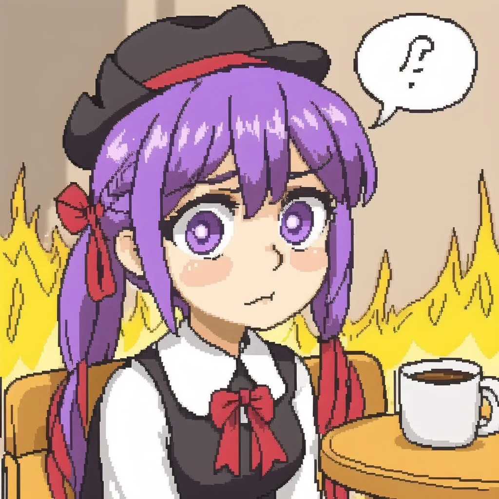 The image is a pixelated picture of a girl with purple hair and purple eyes. She is wearing a black hat and a white shirt with a red bow. She is sitting at a table with a cup of coffee on it. The background is yellow and there is a speech bubble with a question mark in it. The girl is looking at the coffee cup with a curious expression on her face.