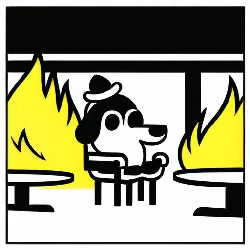 The image is a cartoon drawing of a dog sitting in a chair in a burning room. The dog is wearing a hat and has its eyes closed. The room is on fire, and the flames are yellow. The image is drawn in a simple, cartoon style, and the lines are black and white. The background is white.