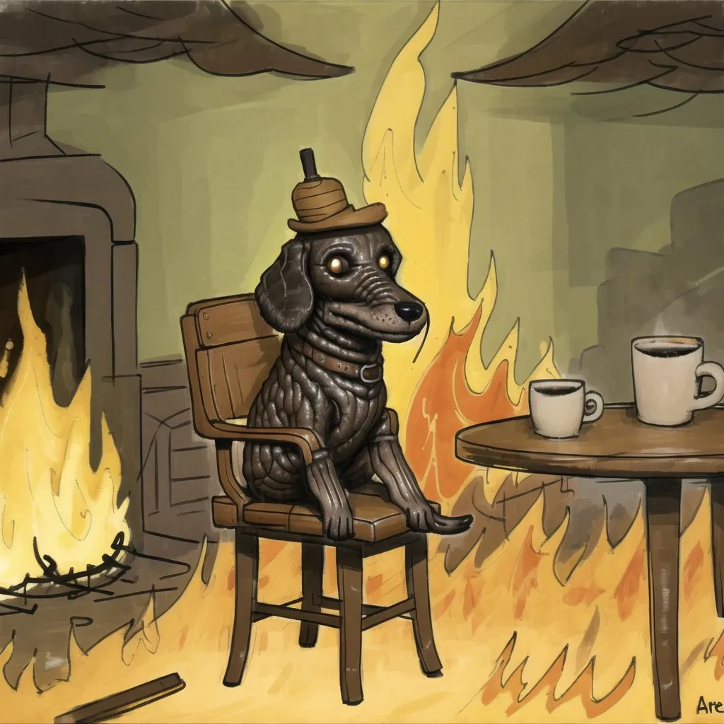 The image shows a dog wearing a hat and a collar sitting on a chair in front of a fireplace. The dog has a serious expression on its face. There is a table next to the dog with two cups of coffee on it. The background is a wall with a brick fireplace and a wooden mantel. The floor is made of wooden planks. The painting is done in a realistic style with muted colors.