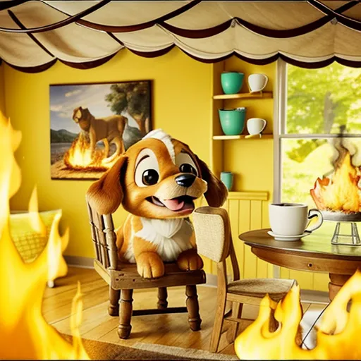 The image shows a small dog sitting on a chair in a burning house. The dog is brown and white, with a happy expression on its face. It is wearing a red collar. The house is yellow, with a brown roof. The flames are orange and yellow. The dog is sitting in front of a table. On the table is a cup of coffee and a plate of food. There is a painting on the wall behind the dog. The painting is of a lion and a lioness sitting in front of a fire.