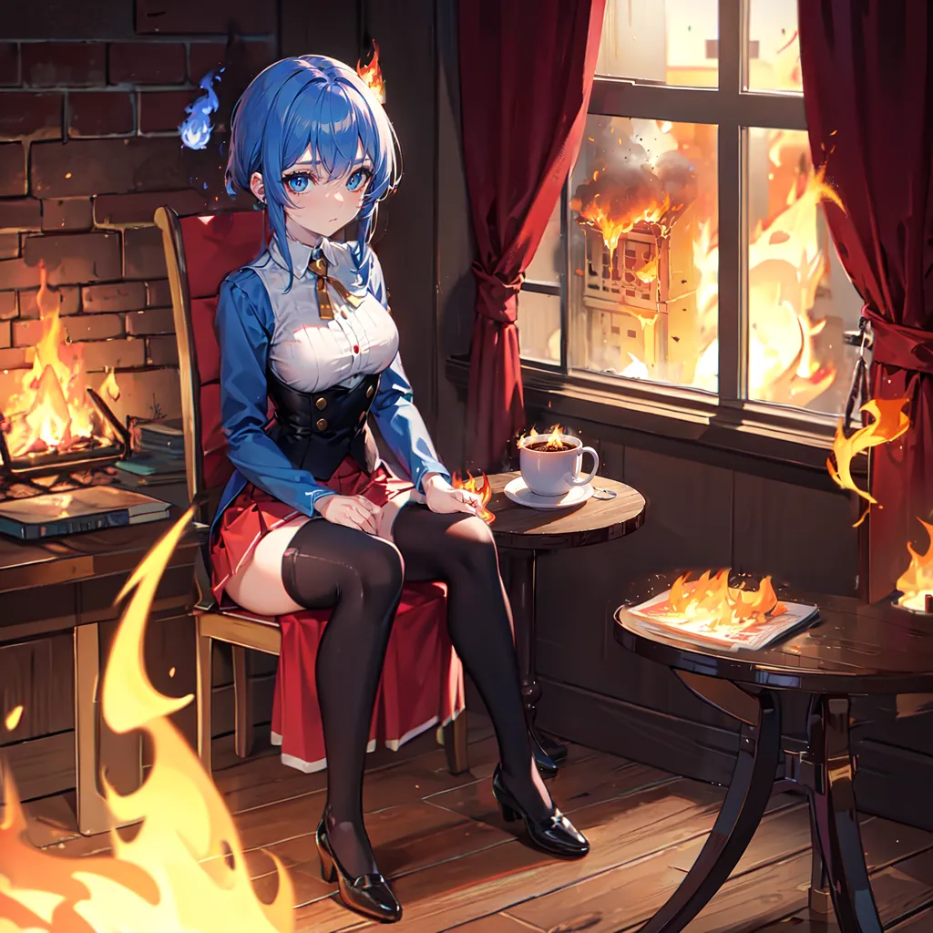 This image shows a blue-haired anime girl sitting in a chair in front of a fireplace. She is wearing a white blouse, a blue vest, and a red skirt. She has a cup of tea in her hand and is looking out the window at a burning building. There are flames coming out of the fireplace and surrounding the girl.