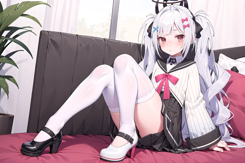 The image is an anime-style drawing of a girl sitting on a bed. The girl has long white hair, red eyes, and is wearing a white and black sailor-style outfit. She is also wearing black shoes with white soles. The girl is sitting with her legs crossed and is looking at the viewer with a slightly embarrassed expression on her face. There is a plant in the background of the image.