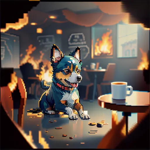 The image is a pixelated illustration of a dog sitting on a bar counter. The dog is wearing a blue and white outfit and has a red collar. There is a coffee cup on the table next to the dog. The background of the image is a bar with a brick wall and a fireplace. There are flames coming out of the fireplace. There are also some coins on the counter.