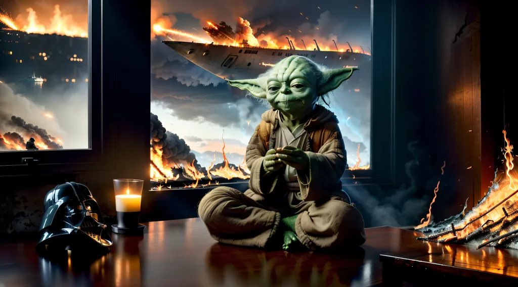 L'image montre Yoda, un personnage de Star Wars, assis sur une table devant une fenêtre. La fenêtre montre une scène de bataille avec des vaisseaux spatiaux et des explosions. Il y a une bougie allumée et un casque de Darth Vader cassé sur la table. La pièce est sombre et il y a des flammes qui sortent de la cheminée.