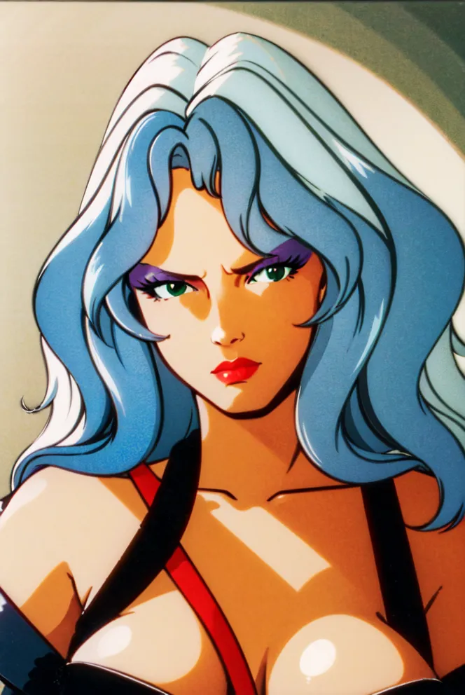 This is an image of a woman with blue hair and green eyes. She is wearing a black and red outfit. The picture is drawn in an anime style.