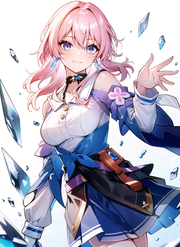 The image shows a young woman with pink hair and blue eyes. She is wearing a white and blue outfit with a pink flower on her chest. She has a confident smile on her face and is holding her hand out in front of her. There are also blue crystals floating around her.