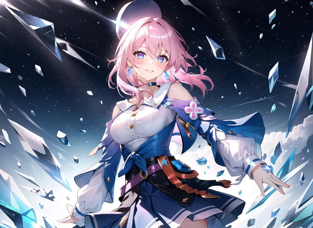 The image is of a young woman with pink hair and blue eyes. She is wearing a white and blue outfit. She is standing in front of a dark blue background with a starry sky and there are some blue crystals floating around her. She has a happy expression on her face and is looking at the viewer.