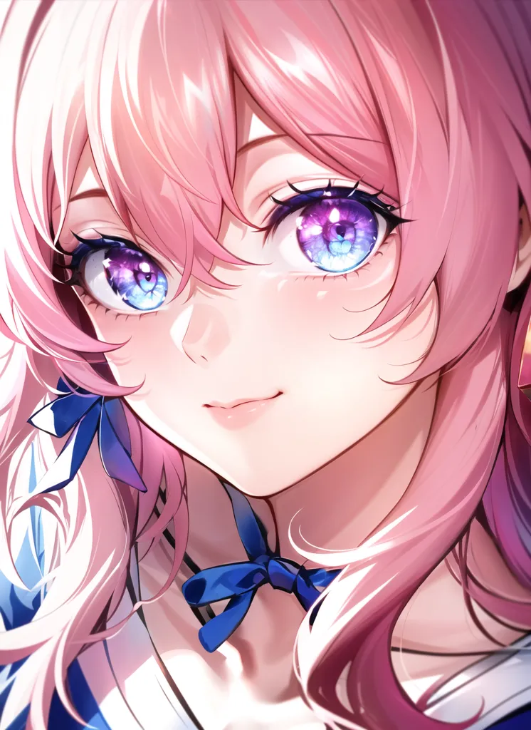 The image is a portrait of a young woman with pink hair and purple eyes. She is smiling and has a gentle expression on her face. Her hair is long and flowing, and she is wearing a blue ribbon in her hair. She is wearing a white shirt with a blue collar. The background is a soft pink color.