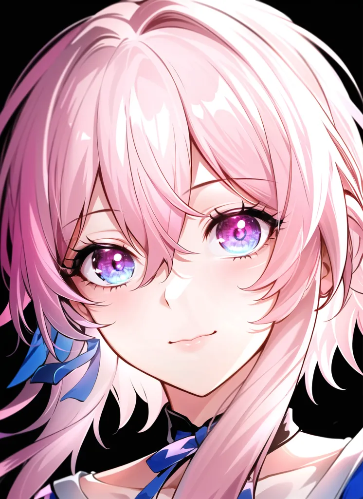 The image shows a young woman with pink hair and purple eyes. She is smiling and has a gentle expression on her face. She is wearing a white dress with a blue ribbon around her neck. Her hair is long and flowing, and she has a small ahoge on the top of her head. The background is a dark color, which makes her stand out. The image is drawn in a realistic style, and the colors are vibrant and bright.