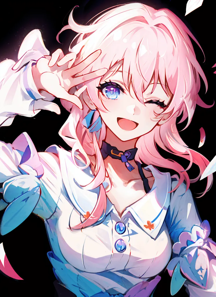 The image is of a young woman with pink hair and blue eyes. She is wearing a white shirt with a blue collar and a pink bow. She is smiling and has her right hand raised in the air. There are also some pink and white flower petals floating around her.