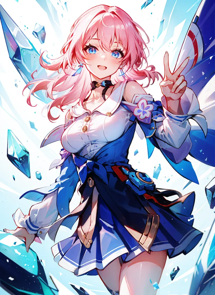 The image is of a young woman with pink hair and blue eyes. She is wearing a blue and white outfit and has a flower-shaped accessory in her hair. She is smiling and has her right hand raised in a peace sign. There are blue crystals floating around her.