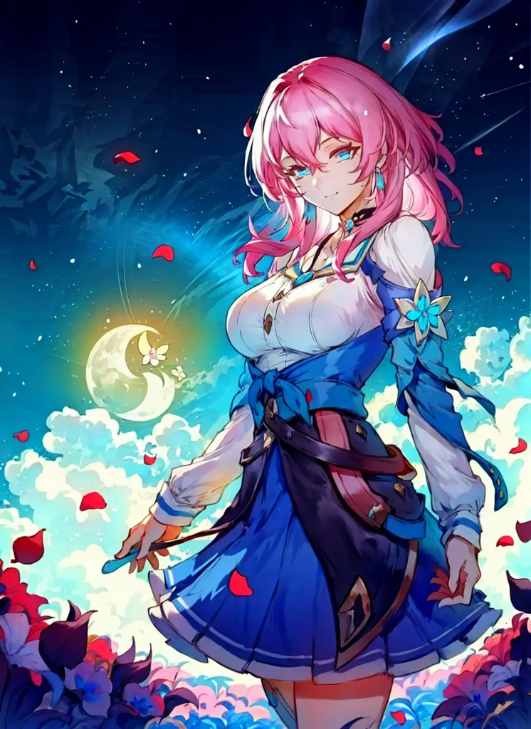 The image is of a beautiful anime girl with pink hair and blue eyes. She is wearing a white and blue dress with a blue skirt and a white top. She is also wearing a brown belt with a blue gem on it. She is standing in a field of flowers with a crescent moon in the background. There are also some clouds in the background and some stars. The girl is smiling and holding a flower in her hand. She is also wearing a necklace with a blue gem on it.