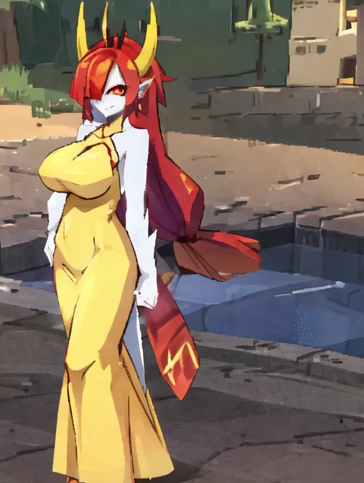 The image shows a woman with red hair and yellow eyes. She is wearing a yellow dress with a high collar and a long slit on one side. She also has red horns and a red tail. She is standing in a courtyard with a stone wall in the background. There is a fountain in the foreground.