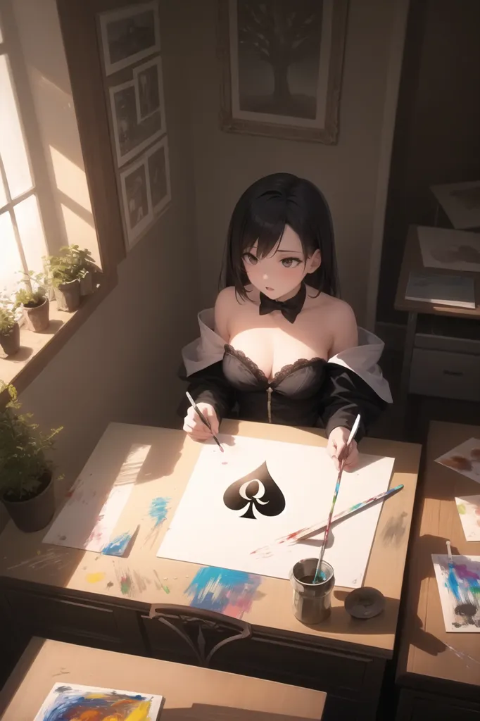 A young woman with long black hair is sitting at a desk in an art studio. She is wearing a black corset and a white skirt. She is painting a picture of a spade on a canvas. There are paintbrushes and other art supplies on the desk. There is a window to her right with plants sitting on the ledge. There are frames on the wall behind her.