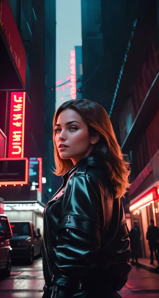 The picture shows a young woman, probably in her 20s, with long, straight, light brown hair. She is wearing a black leather jacket. She is standing in a dark urban setting, with red and blue neon lights in the background. The woman is looking away from the camera with a neutral, perhaps slightly melancholic, expression on her face.