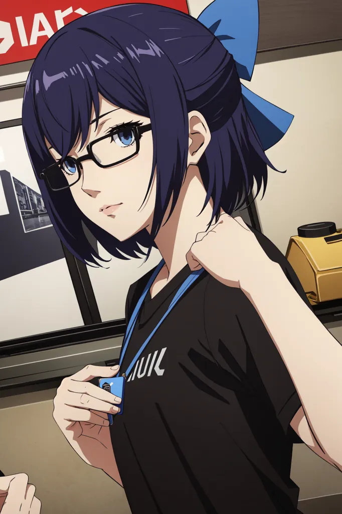 The image shows a young woman with short blue hair and glasses. She is wearing a black T-shirt with a blue bow in her hair. She is also wearing a lanyard around her neck with a pass attached to it. She has a serious expression on her face and is looking at something off-camera.