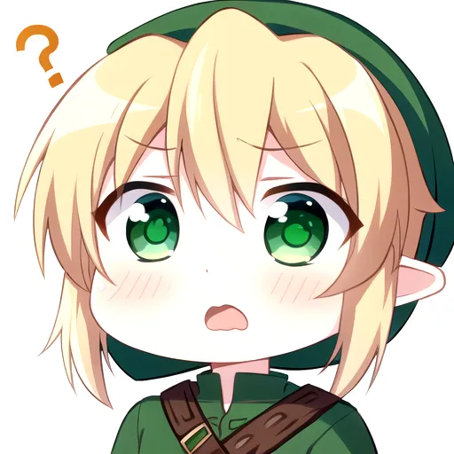 A imagem é de Link, um personagem da série de jogos de vídeo game The Legend of Zelda. Ele é retratado em um estilo chibi, com olhos grandes e um corpo pequeno. Ele está usando seu icônico traje verde e chapéu, e tem uma expressão confusa em seu rosto. O fundo é branco e há um ponto de interrogação ao lado de sua cabeça.