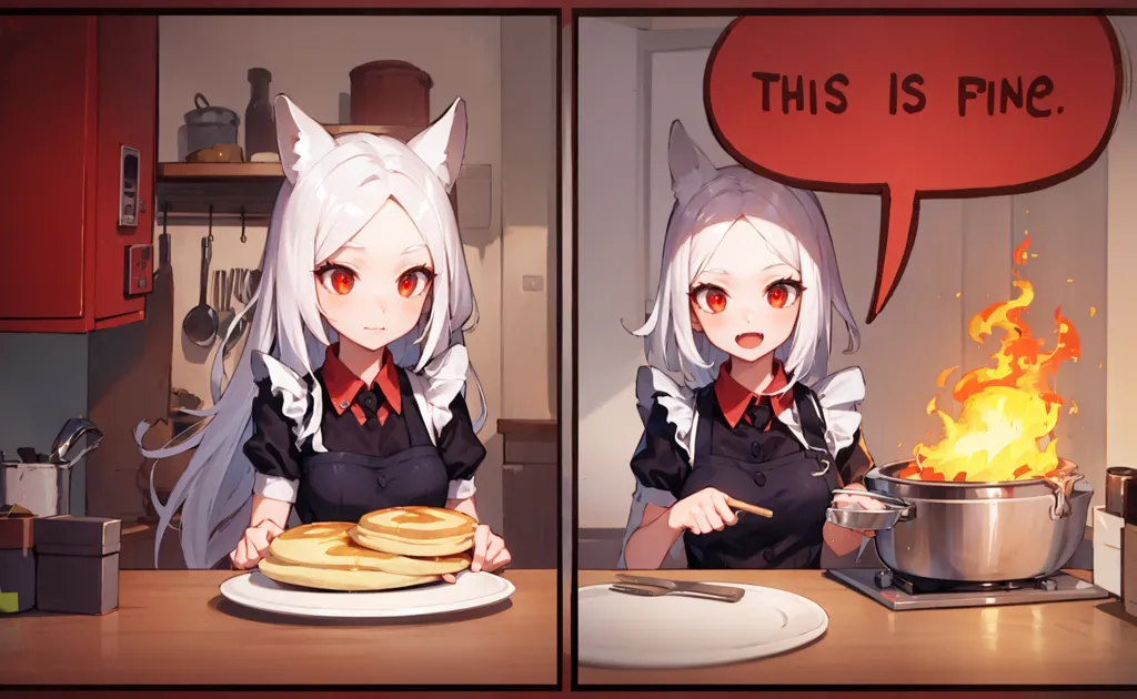 The image is a two-panel meme. The first panel shows a girl with white hair and red eyes wearing a maid outfit. She is standing in a kitchen and is holding a plate of pancakes. The second panel shows the same girl, but she is now covered in soot and her hair is singed. She is standing in front of a stove, and a pot on the stove is on fire. The girl is saying, "This is fine."