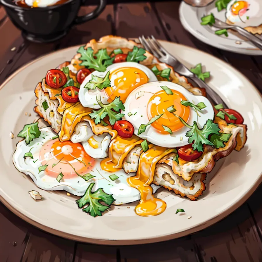 La imagen muestra un plato de comida. Hay dos rebanadas de pan tostado con queso derretido y huevos fritos encima. Los huevos están decorados con perejil y tomates cherry. Hay un tenedor en el plato. El plato está sobre una mesa de madera. Hay otro plato en la mesa con solo pan tostado. En el fondo, hay una taza de café.