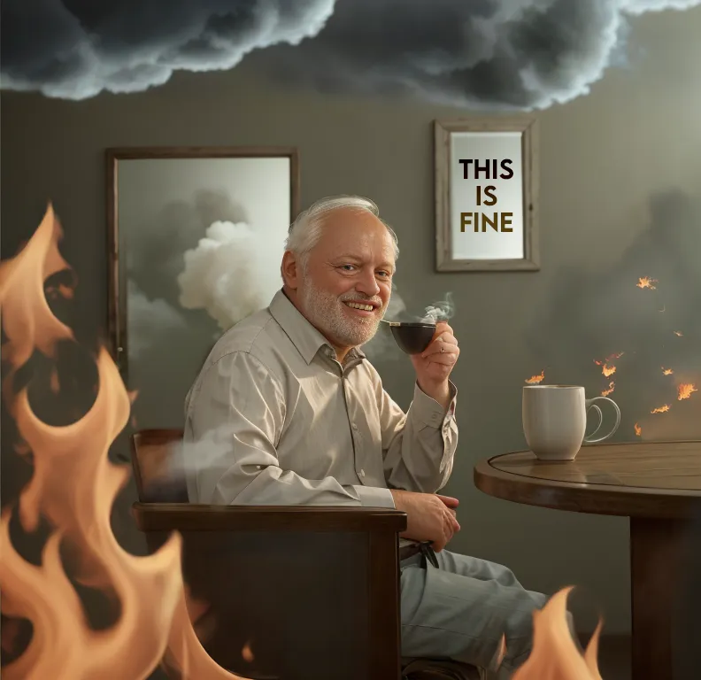 The image shows a man sitting in a room engulfed in fire. He is drinking from a teacup and has a calm, serene expression on his face. The room is decorated with a picture frame that says "This is fine." The image is a reference to the popular internet meme of the same name.